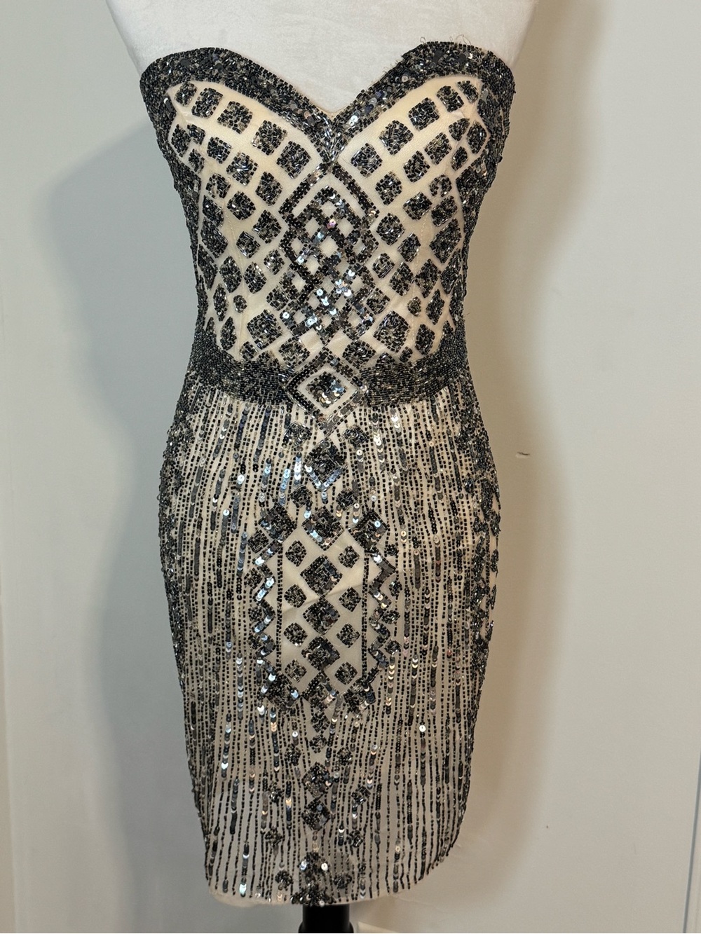 Vintage Strapless Sequin Midi Dress in Black and Cream